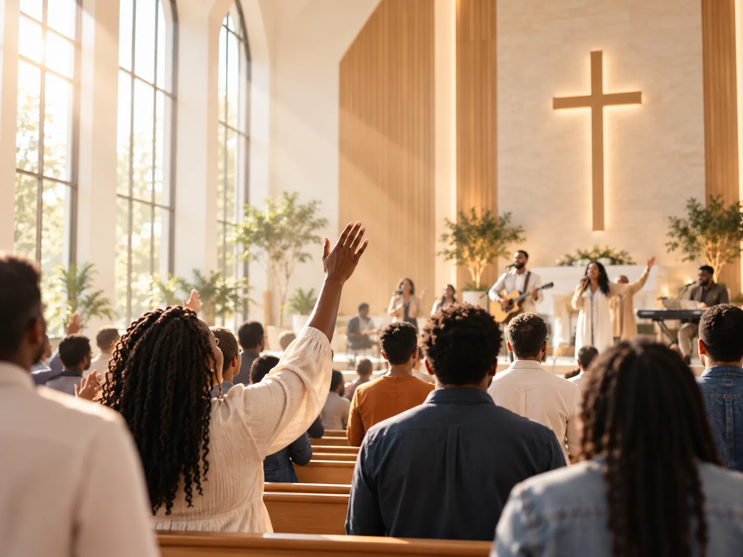 Congregation worshipping together in a sunlit sanctuary