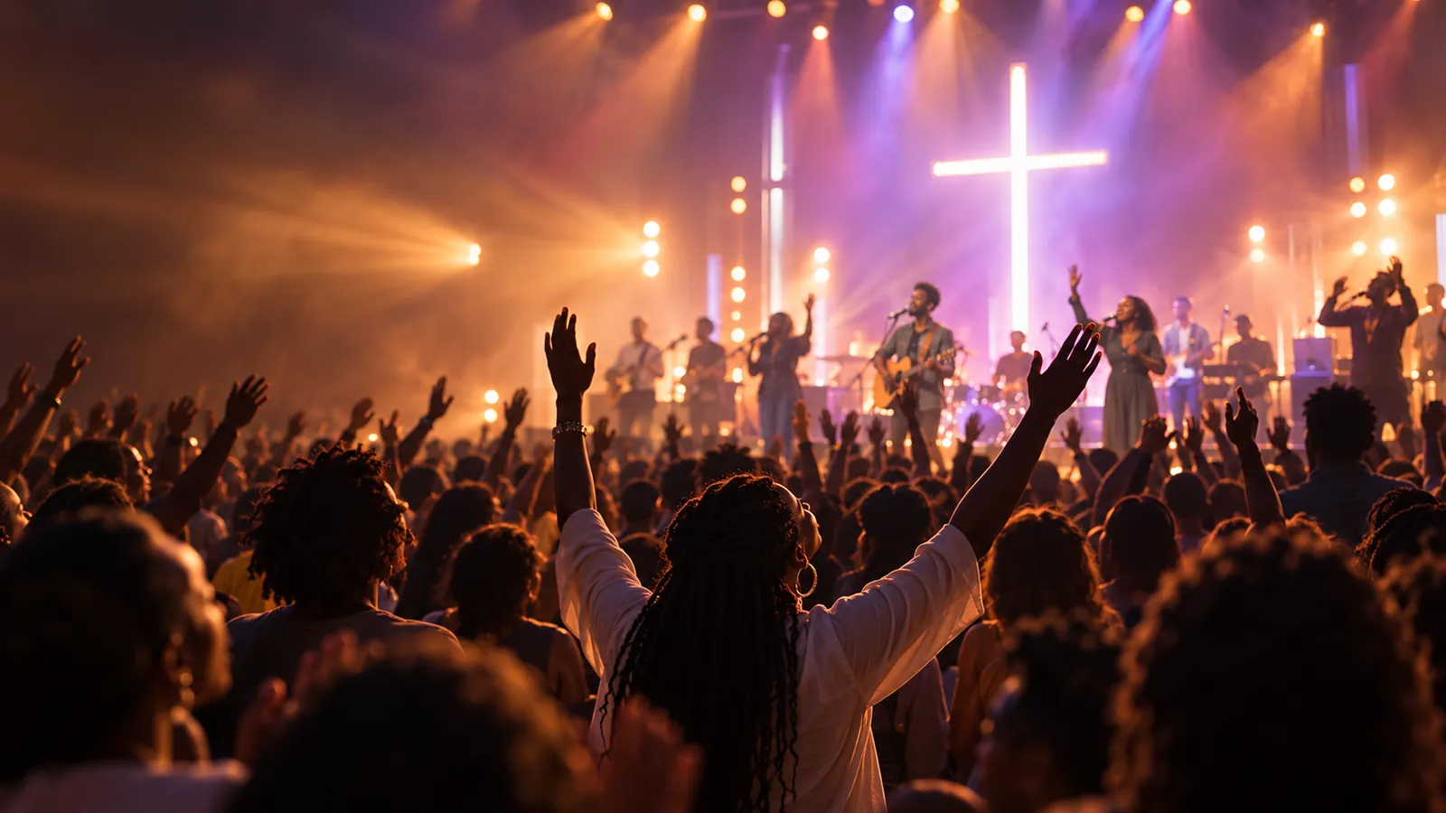 Crowd with hands raised at a worship concert beneath a lit cross