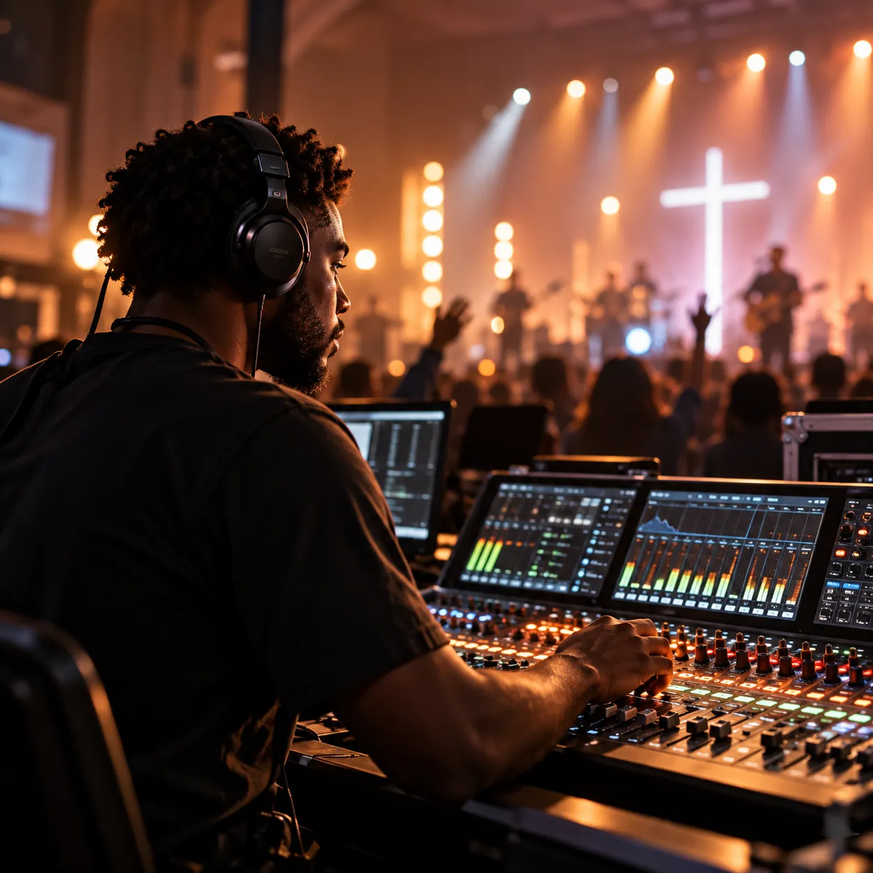 Sound engineer wearing headphones at a digital mixing console during worship